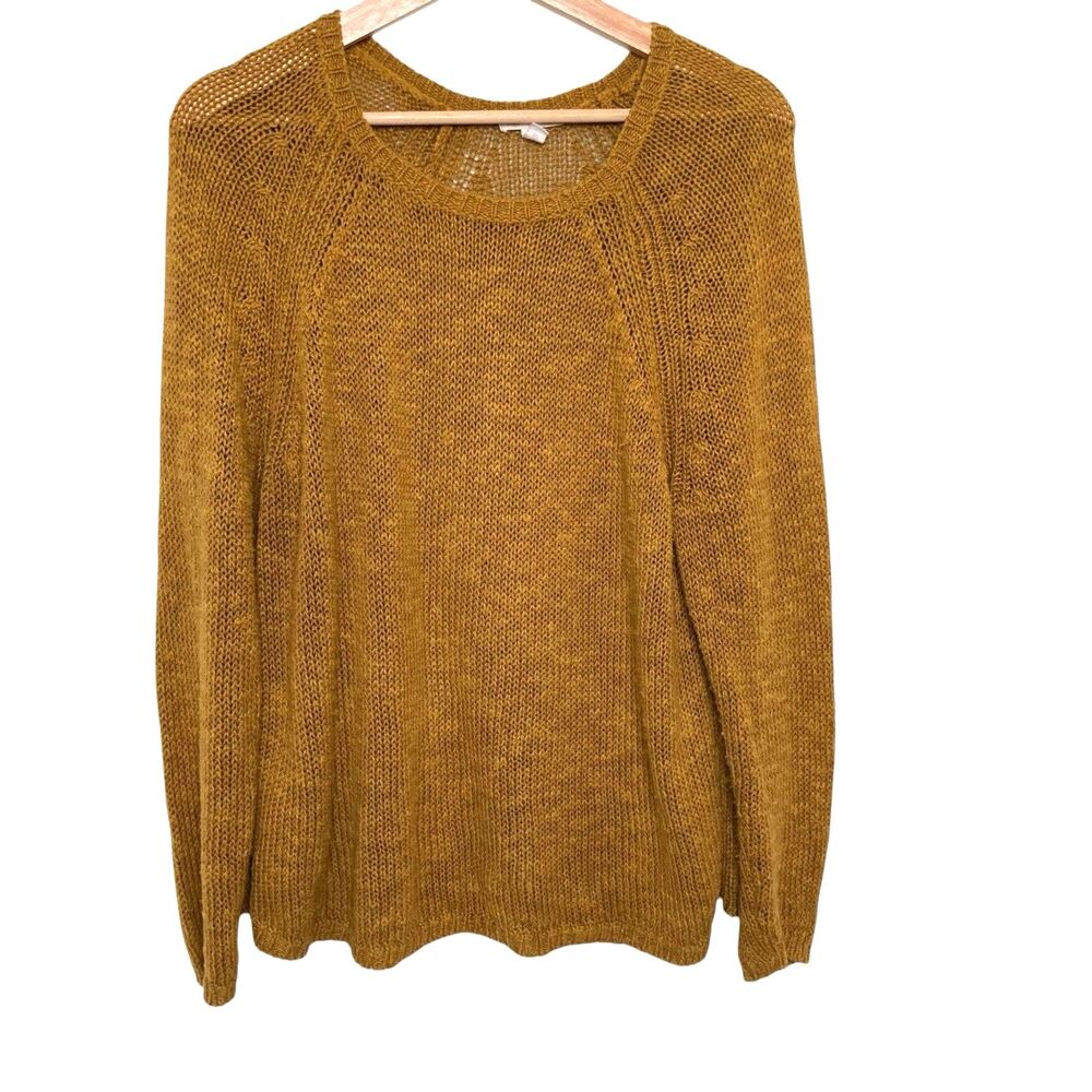 Eileen Fisher Organic Linen Women’s Size Large V-Neck Loose Knit Sweater Mustard